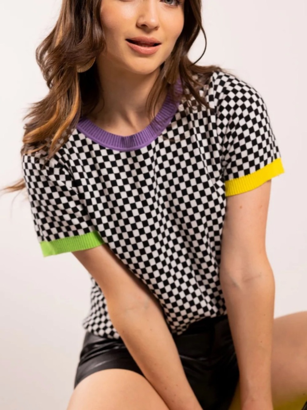 Sparkle City Short Sleeve Mardi Gras Checkered Sweater - Picture 3 of 16